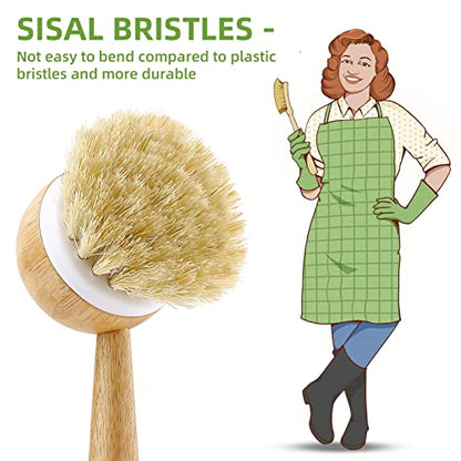 SUBEKYU Dish Brush with Handle, Natural Bamboo Dish Scrubber Brush, Kitchen Dishwashing Brush for Cleaning Dishes/Pans/Pots/Sinks, Sisal Bristles, 2P - color: Round 2p