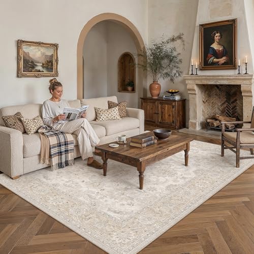 HUGEAR 9x12 Area Rug Beige Vintage Machine Washable Rug Distressed Room Decor Living Room Carpet Low Pile Non Slip Throw Rugs for Bedroom Dining Room Soft Lightweight - color: Beige, size: 9' x 12' (Rectangular)