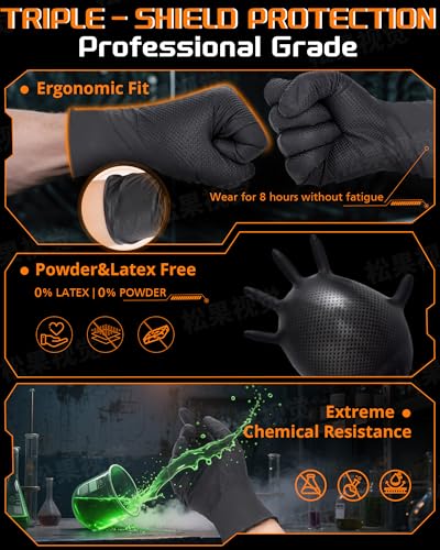 nitroshield 9mil Heavy Duty Disposable Nitrile Gloves, Black Medium 800Pcs -Chemical Resistant, Latex Powder Free Rubber Gloves Diamond Texture for Automotive, Mechanics, Cooking,BBQ, Industrial Use - color: Black-800, size: Medium