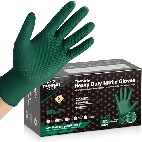 TitanFlex Heavy Duty Industrial Nitrile Gloves with Raised Diamond Texture, 8-mil, Latex Free (Green/Dark Green/Yellow) - color: 05 Dark Green (100ct), size: Large