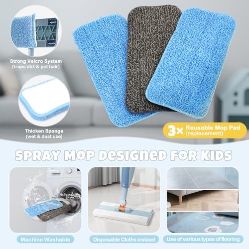 Dreamon Kids Spray Mop - Real Working Toddler Cleaning Set with Water Sprayer & 3 Washable Mop Pads & Scraper, Pretend Play Montessori Housekeeping Toys Gifts for Toddlers Kids Girls Boys(Blue) - color: Blue