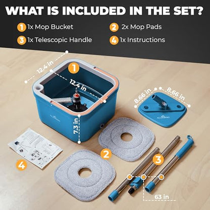 Spin Mop and Bucket Set with Wringer – Dual-Chamber Self Wringing Mop, Flat Microfiber Mop for Hardwood, Tile & Vinyl Floors, 2 Washable Replacement Heads, 63" Handle, Blue - color: Blue