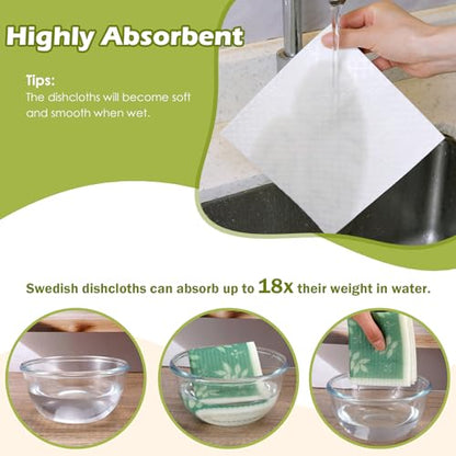 6 Packs Swedish Paper Cloths for Kitchen, Reusable Paper Towels Washable Dish Rags, Highly Absorbent Kitchen Towels Quick Drying Swedish Sponge Cleaning Dish Cloths(Green Plant Leaves) - color: Green Plant Leaves