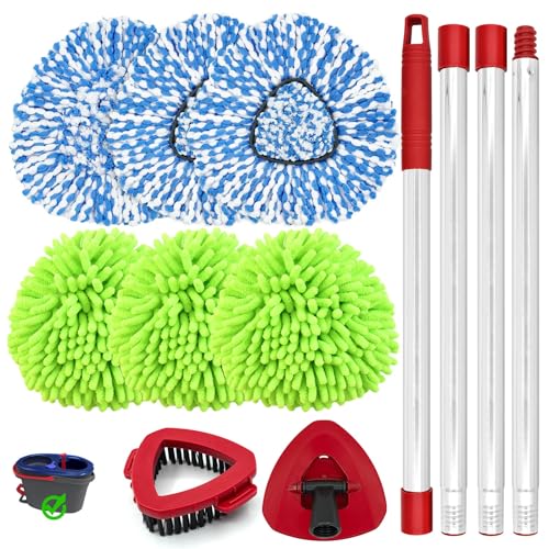 Mop Heads for O Cedar RinseClean 2 Tank Spin Mop System, 3 Microfiber Mop Head Refills and 3 Chenille Mop Pads,1 Scrub Brush, and 1 Mop Base with Mop Handle Set Combo - color: 3blue+3green