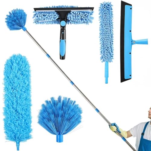 High Reach Duster Kit with14 ft Extension Pole High Ceiling Dusting and Window Cleaning Kit with Spliceable Pole - Cobweb Duster, Fan Blade, Window Washer & Squeegee and Feather Dusters - size: 16-150inch-15pcs