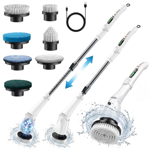 Electric Spin Scrubber, Power Cleaning Brush with 3 Speed Modes LED Light, 7 Replaceable Heads Cordless Shower Scrubber, Long Handle Extendable Scrubber for Bathroom, Floor, Tub, Tile, Grout