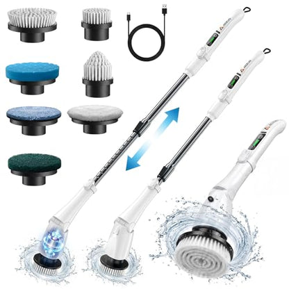 Electric Spin Scrubber, Power Cleaning Brush with 3 Speed Modes LED Light, 7 Replaceable Heads Cordless Shower Scrubber, Long Handle Extendable Scrubber for Bathroom, Floor, Tub, Tile, Grout