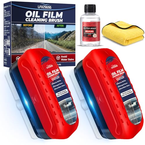 Oil Film Cleaning Brush for Car Windows, 2026 Upgraded Clear Vision Windshield Cleaner with Anti-Rain Coating, Improving Clarity & Safer Driving, Kit with Supplements & Towel, 2 pcs(Red)
