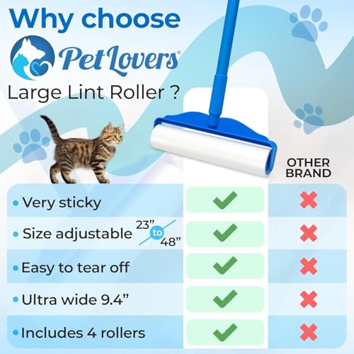 PetLovers Large Lint Roller with 3 Refills – 400 Total Sheets for Tackling Pet Hair, Extra Large Floor and Carpet Roller for Homes with Pets, Perfect for Floors, Furniture, and Loving Pet Owners - size: 4 Pack Floor Lint Roller