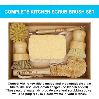 ECOHOUSE SUPPLY™ Bamboo Dish Brush Set – 6-Piece Natural Fiber Kitchen Brush Set with Loofah Sponges (No Bleach), Sisal & Palm Scrubbers – Non-Toxic, Eco-Friendly, Plastic-Free Dish Cleaning Brushes.