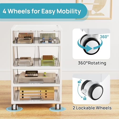 Vtopmart Plastic Drawer Storage Orangizer, 4 Tier 6 Drawers with Wheels for Office Supplies, Art Crafts, Under Desk Storage for Office, Bathroom, Dresser, 1 Pack/Clear - style: 4 Tier 6 Drawers