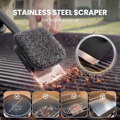 ThermoMaven Bristle-Free BBQ Grill Brush - No Wire Risk Steam Cleaner Removes Burnt Grease Fast - 17" Cool-Touch Handle, Scraper & 3 Replaceable Heads for Gas, Charcoal & Cast Iron - size: Black 3pcs-Small