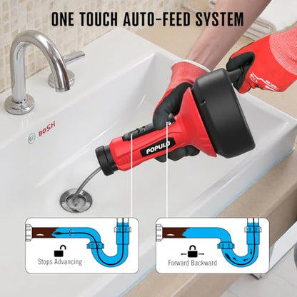 POPULO 17FT Auto Feed Drain Snake, Upgraded Toliet Auger for 3/4"-2" Pipe, Plumbing Hair Drain Clog Remover with Extension Tube for Toliet, Shower, Bathtub, Kitchen, Sink, 2025 PMDA-G2 - style: 17Ft
