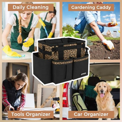 SCAVATA Compact Wearable Cleaning Caddy, Small Cleaning Supplies Organizer with Handle & Shoulder Straps for Housekeepers, under Sink & Car Cleaning Tool Organizers Bag (Leopard) - color: Leopard