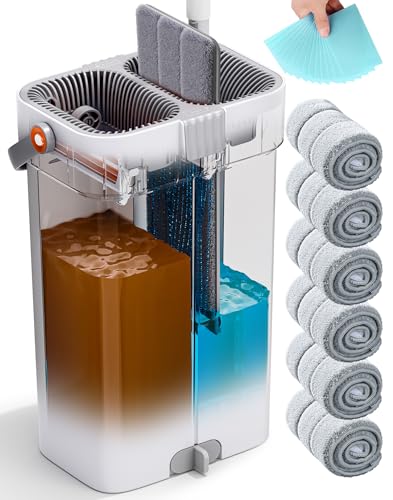 CTIME Large Mop and Bucket Set, Flat Mop and Bucket System, Wall Mop with Adjustable Handle (Max 70.87 Inches), Mops for Floor Cleaning, 6 Washable 15.74'' Microfiber Mop Pads