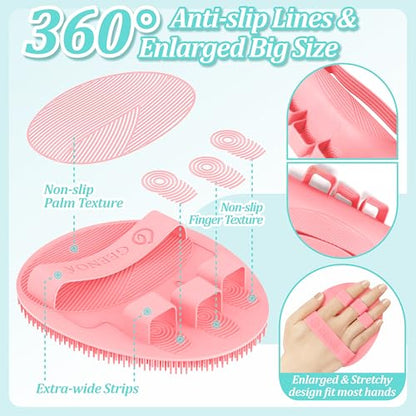 Silicone Back/Body/Face Scrubber & Lymphatic Contour Face Brush Set 4PCS, 13.4'' Soft Back Scrubber, 360° Anti-Slip Bath Glove, Unique Side-bristled Face Scrubber for All-Round Cleaning(Pink) - color: Pink*4