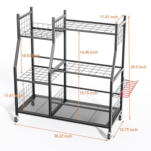 Garden Tool Organizer with Wheels for Garage, Freestanding Garage Tool Organizer, Yard Tool Holder, Garden Tool Cart for Long Handled Tools,Rakes, Brooms, Yard Storage Rack for Shed, Indoor, Outdoor