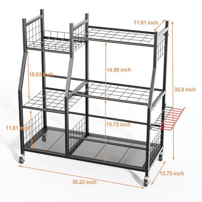Garden Tool Organizer with Wheels for Garage, Freestanding Garage Tool Organizer, Yard Tool Holder, Garden Tool Cart for Long Handled Tools,Rakes, Brooms, Yard Storage Rack for Shed, Indoor, Outdoor