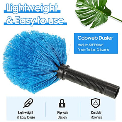 9 Pieces Twist on Cobweb Duster Bulk for Cleaning Company Cleaning Spider Web Remover Brush Cobweb Duster Head Attachment Fits Standard Threaded Poles, No Pole, Medium Stiff Bristles, Blue