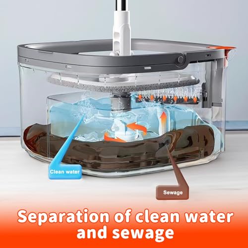 Spin Mop and Bucket Set with Self Separation System 360° Spinning Self-Wringing, Square Clean Mop and Bucket with Wringer-with Replaceable Mop (Light Grey Mop and Bucket Set 6pads)