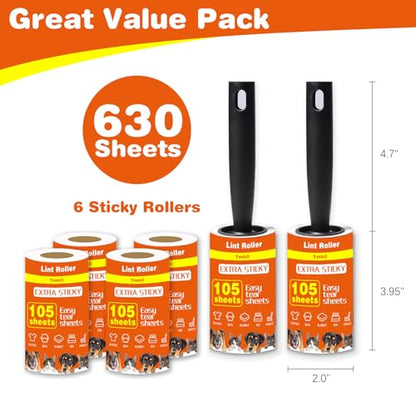 Yvnicll 630 Sheets Extra Sticky Lint Rollers for Pet Hair | Easy Spiral Tear Lint Roller for Clothes and Pet Hair， Remover for Couch, Furniture and Carpet.