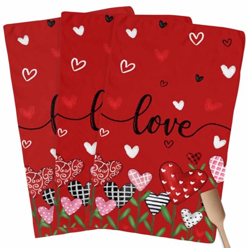 Valentines Kitchen Towels Love Heart Flower Hand Towels Black Red Valentines Day Dish Towel Soft Absorbent Quick Drying 4 Pack Dish Cloths 18x28 Inch Anniversary Wedding Decoration - color: Red Love, size: 3PCS