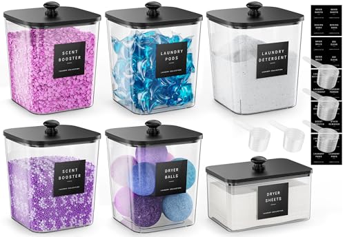 Moforoco 5+1Pack Laundry Pods Container, Clear Laundry Room Organization Containers,Large Detergent Powder Storage, Black Wooden Lids & Labels, Acrylic Pods Holder - color: Black, size: 5+1 pack
