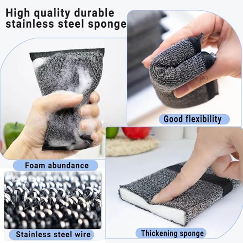 Steel Wool Scrubber Dish Sponges - Kitchen Scrubbing Pads Pot Scrubber for Kitchen Non Scratch, Soft and Fast sponges for Cleaning (6 Pack) - color: Black