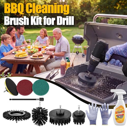 BBQ Grill Brush with Cleaning Spray, Cordless Drill Spin Brush Cleaning Kit - Nylon Safe Bristle & Wire Free, Safe for Stainless Steel, Porcelain, Charcoal Smoker Grill (Drill Not Included)
