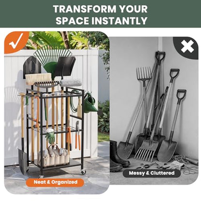 SPACECARE Garden Tool Organizer with Wheels, Yard Tower Rack for Garage Organization and Storage, Up to 35 Long-Handled Tools/Rakes/Brooms, Heavy Duty Steel Garden Tool Stand for Shed, Outdoor, Black - style: RACK-with Wheels