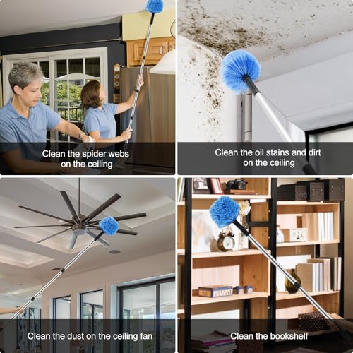 Cobweb Duster with Extension Pole, Long Handle Gutter Cleaning Tools and Cobweb Brush, Gutter Cleaning Brush Telescopic Gutter Cleaner, Detachable Spider Web Cleaner Tool for Ceiling Fan Furniture (A)