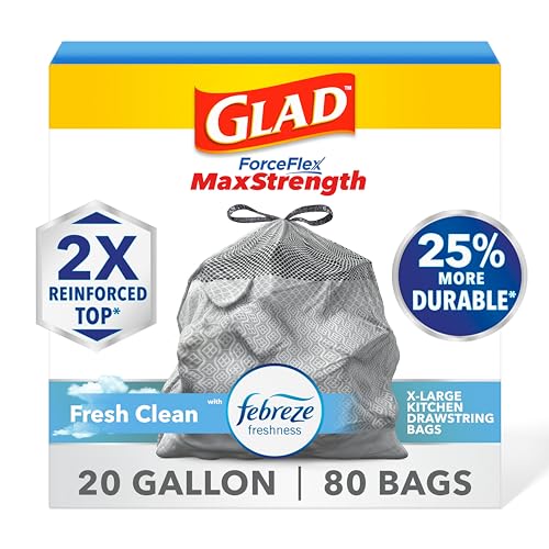 Glad ForceFlex MaxStrength Kitchen Trash Bags, Rip and Tear Resistant, Fresh Clean Scented Large Garbage Bags, Odor Control, Febreze Freshness, 20 Gallon Trash Bags, 80 Count - size: 80 Count (Pack of 1)