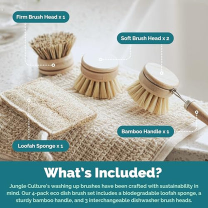Jungle Culture 4 Piece Bamboo Dish Brush Set for Washing Up • Long Lasting Wooden Dish Brush with 3 Replacement Heads & Loofah Sponge Scourer • Eco Friendly Wooden Scrub Brush for Pots, Pans & Dishes