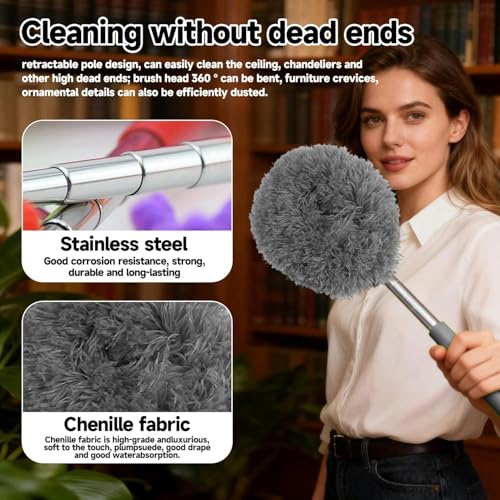 Extendable Microfiber Duster, Telescoping Dusting Brush for Home and Car Cleaning, Adjustable Length, Soft and Flexible - color: Round Grey