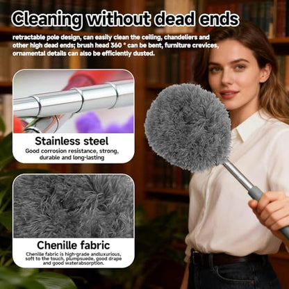 Extendable Microfiber Duster, Telescoping Dusting Brush for Home and Car Cleaning, Adjustable Length, Soft and Flexible - color: Round Grey