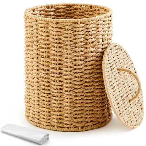 Ctosree 1.3 Gallons Small Trash Can with Lid Handle Boho Woven Braided Bathroom Waste Basket Trash Can with 100 Garbage Bags for Bedroom Office Laundry(Braided Paper Rope, Primary Color) - color: Black, style: Round