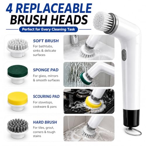 Electric Spin Scrubber Cordless Cleaning Brush, USB Rechargeable Power Scrubber for Bathroom, Kitchen, Tile, Grout, Sink & Shower Cleaning, 4 Replaceable Brush Heads, Portable Handheld Cleaning Tool