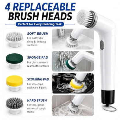 Electric Spin Scrubber Cordless Cleaning Brush, USB Rechargeable Power Scrubber for Bathroom, Kitchen, Tile, Grout, Sink & Shower Cleaning, 4 Replaceable Brush Heads, Portable Handheld Cleaning Tool