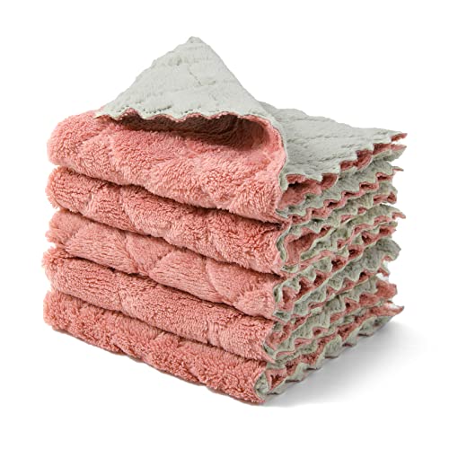 kimteny Cleaning Cloths Kitchen Towels Microfiber Washcloths Lint Free Dish Cloth Reusable Dishtowels Household Super Absorbent Fast Drying, 10"x10", Pack of 5 (Pink-Grey) - color: Pink-grey