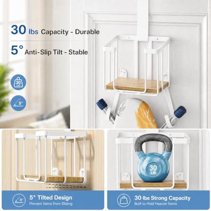 ORLESS Ironing Board Hanger Over Door & Wall Mount, White | 2 in 1 Heavy Duty Iron Board Holder with Storage Basket, Fits T/Y Boards, Laundry Room Space Saver - color: White Iron Natural Wood