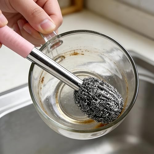 2PCS Steel Wool Scrubber with Handle Rustproof, Cast Iron Scrubber, Stubborn Messes Pot Brush, Remove Dirt for Cleaning Stoves,Sinks Dishes Grills Bowls & Metal Wire Sponge for Kitchens - color: Pink