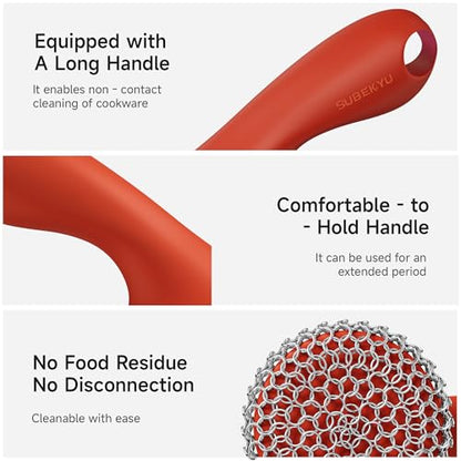 SUBEKYU Cast Iron Scrubber with Silicone Handle, Stainless Steel Skillet Cleaner for Cast Iron Pans (Red Scrubber + Scraper) - color: Red Scrubber + Scraper