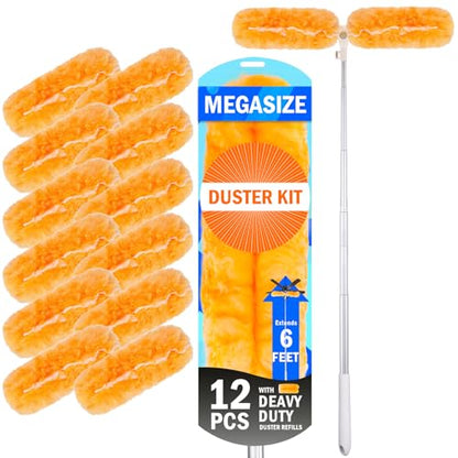 Extendable Duster Kit, 6 ft Telescoping Handle and 12 Disposable Microfiber Refills Pads, Dusters for Cleaning Ceiling Fan, Blind, Wall, Hard-to-Reach Areas