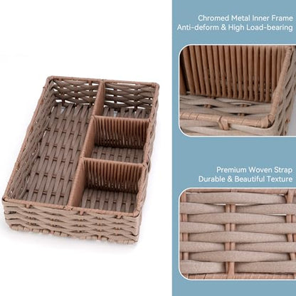 Whitmor 4-Compartment Woven Storage Basket with Dividers, Divided Makeup Organizer and Drawer Split Rattique Bin for Bathroom Countertop, Vanity, Office Desk, 11.8x7.9x2.8 Inches, Light Brown