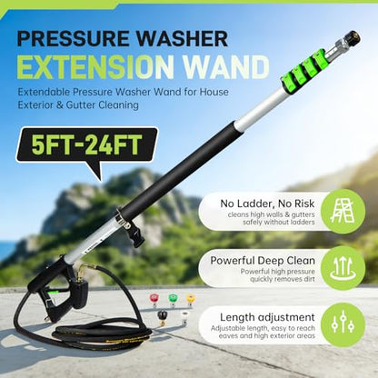 TOR 24 FT Telescoping Pressure Washer Wand with Pressure Washer Extension Wand,Gutter Cleaner Attachment, Pressure Washer Telescoping Wand with 5 Spray Nozzle Tips, 2 Hose Inlet Adapters, Brush Head