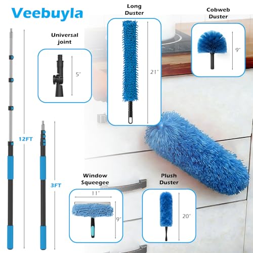 16FT Reach High Ceiling Duster Kits with 3-12FT Adjustable Pole - Includes Extra Long Duster, High Ceiling Duster, Rotatable Window Squeegee & Cobweb Duster for Ceiling Fans and Whole House Cleaning - color: Blue, size: 12FT