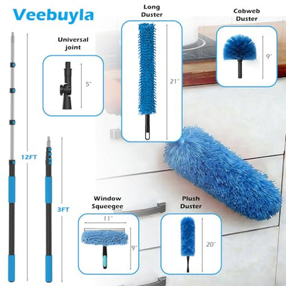 16FT Reach High Ceiling Duster Kits with 3-12FT Adjustable Pole - Includes Extra Long Duster, High Ceiling Duster, Rotatable Window Squeegee & Cobweb Duster for Ceiling Fans and Whole House Cleaning - color: Blue, size: 12FT