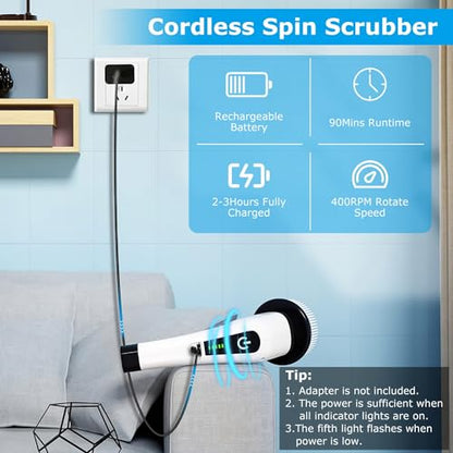 Moclever Electric Spin Scrubber 8 in 1 Electric Cleaning Brush, Cordless Rechargeable Telescopic Shower Scrubber 2 Speed Adjustable Handle Power Scrubbers for Bathroom, Tub, Floor Tile, Car