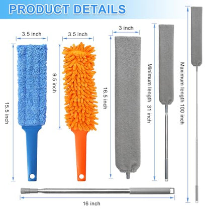 Gap Cleaning Feather Duster - 1 Pack 100 inch Telescoping Gap Dust and 2 Pack 15 inch Gap Cleaning Hand Dusters, Microfiber Feather Duster for House Hold