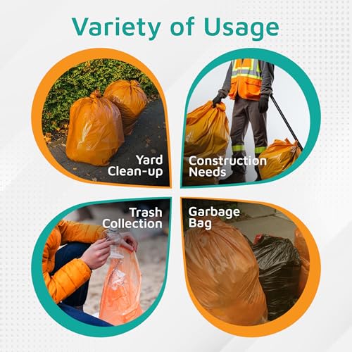 PlasticMill Contractor Bags Heavy Duty - Commercial, Industrial Garbage Bags - Orange Construction Trash Bags - Outdoor, Garden Trash Bags, 42-Gallon, 3 Mil, 33"x48" (50-Count)